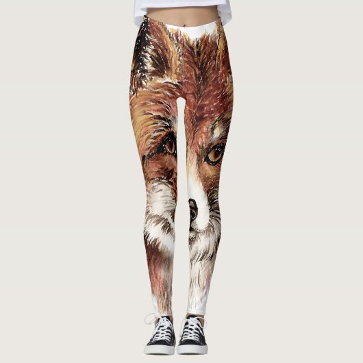 Leggings Couleur d'eau mignonne Red Fox Animal Head Motif (Devant)