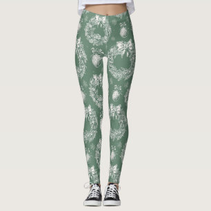 Leggings Couronne de Noël vert sauge toile ivoire flocons d