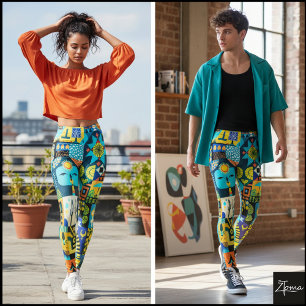 Leggings Courtepoint d'art populaire bleu électrique jaune