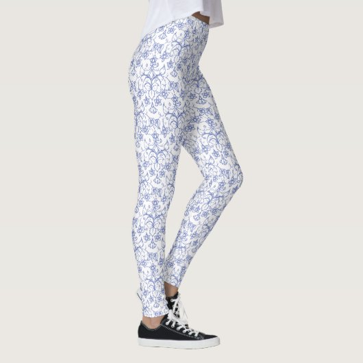 Leggings Coutume Bleu Matin Glory Damask Motif sur Blanc (Droite)
