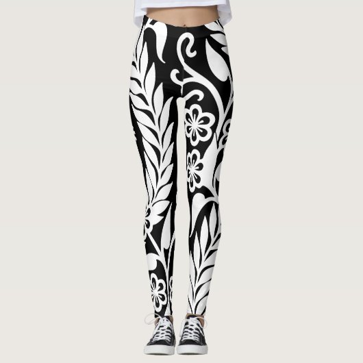 Leggings Coutume florale de motif de damassé blanche noire (Devant)