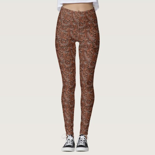 Leggings Cowgirl à fleurs en cuir gaufré Brown (Devant)