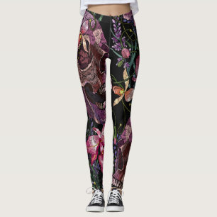 Leggings Crâne brodé : Motif gothique de l'orchidée