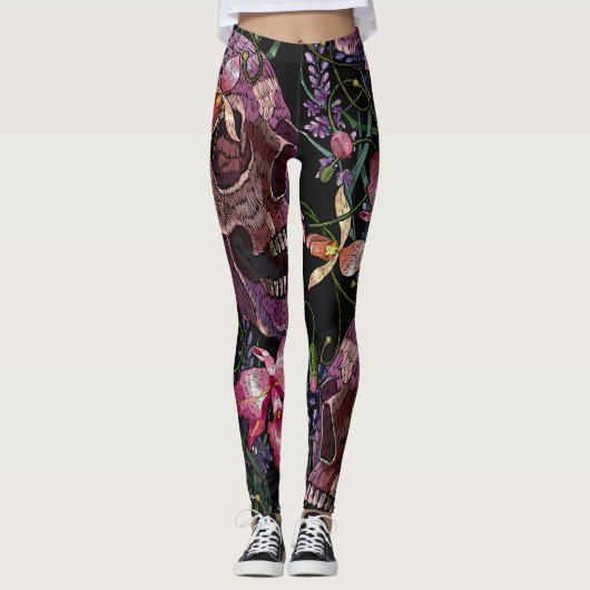 Leggings Crâne brodé : Motif gothique de l'orchidée (Devant)