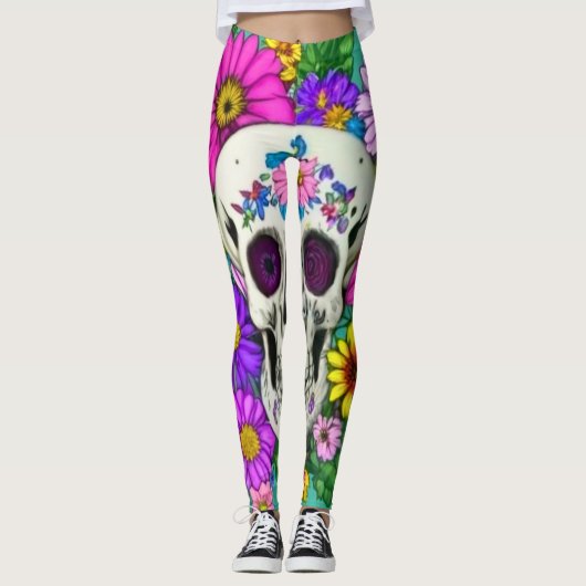 Leggings crâne coloré avec des fleurs (Devant)