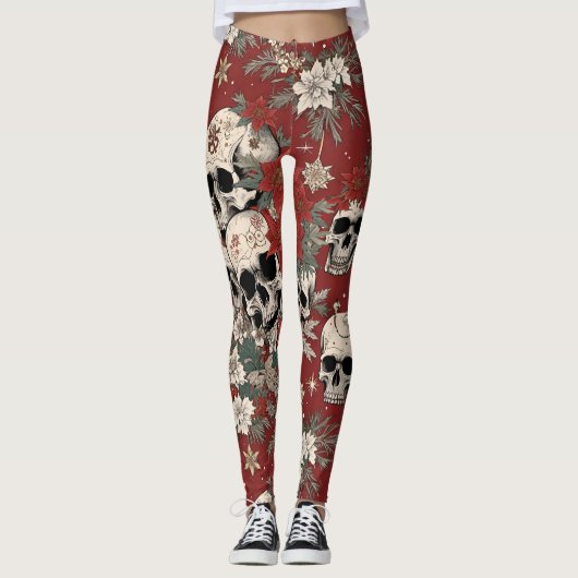 Leggings Crâne de Noël de style sérigraphie chic (Devant)