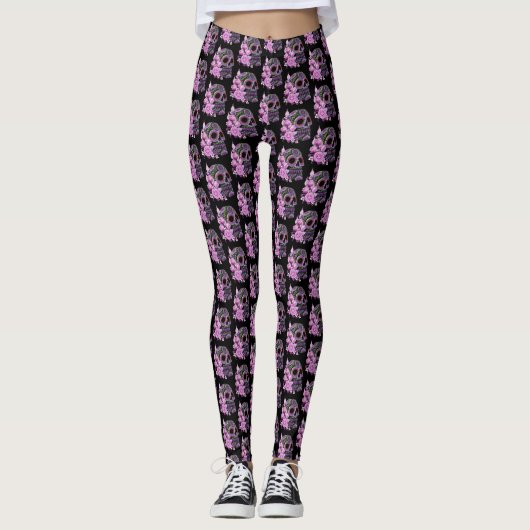Leggings Crâne de sucre rose floral noir Jour des morts (Devant)
