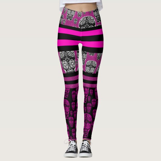 Leggings Crâne de sucre rose Jambes rayées (Devant)