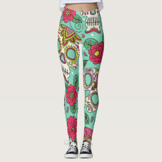 Leggings Crâne et fleurs mexicaines, sans soudure.