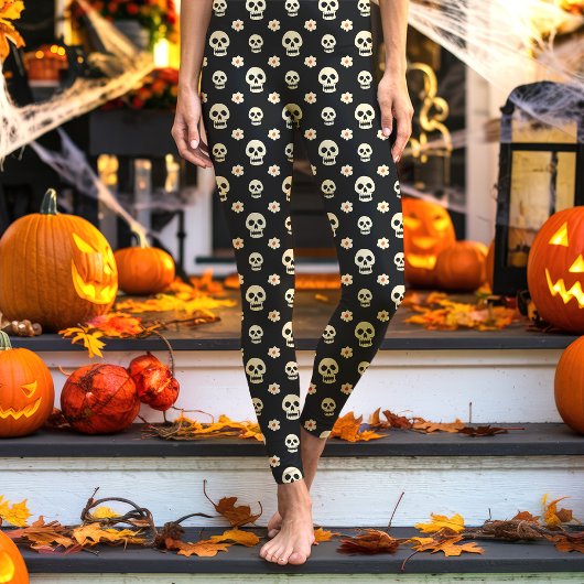 Leggings Crâne noir et fleurs Halloween florale