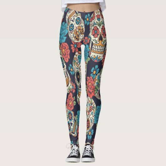 Leggings Crânes à sucre festive et floral (Devant)