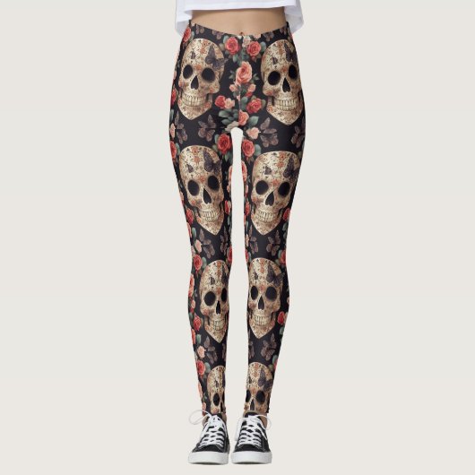 Leggings Crânes à sucre, papillons et fleurs (Devant)