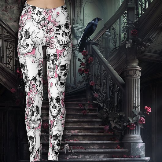 Leggings Crânes aux fleurs roses