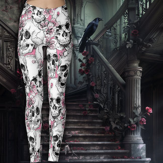 Leggings Crânes avec des fleurs roses
