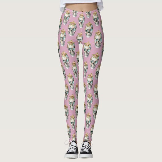 Leggings Crânes de fleurs - Rose poussiéreux - (Devant)