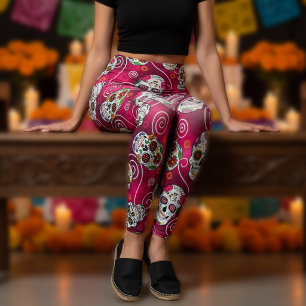 Leggings Crânes de sucre et tourbillons Rose Rouge ID725