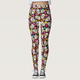 Leggings Crânes et fleurs colorés de sucre sur le noir