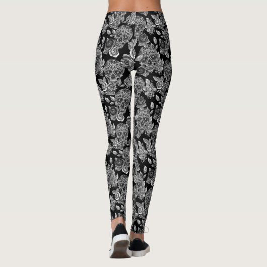 Leggings Crânes Et Fleurs Monochromes De Goth (Dos)