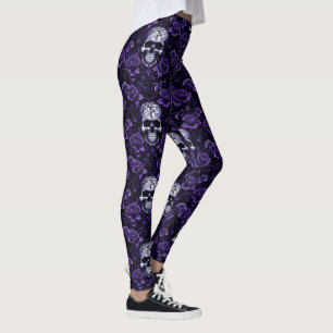 Leggings Crânes et Fleurs Violettes