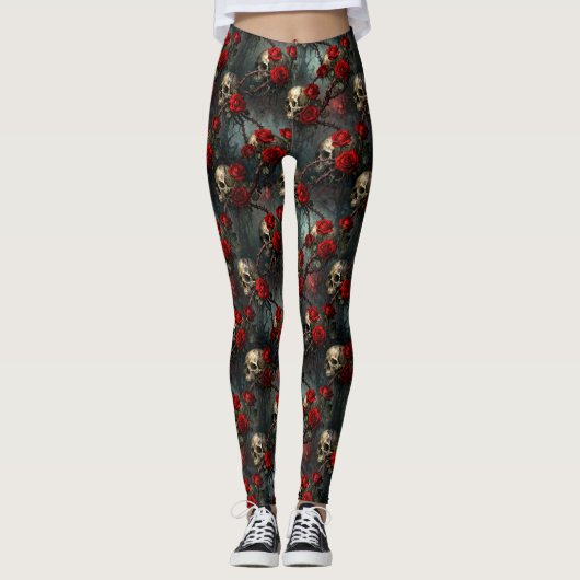 Leggings Crânes et rose grimpante rouge (Devant)