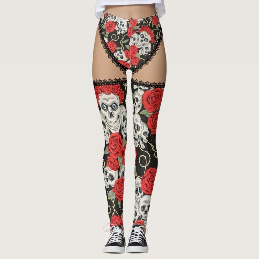 Leggings Crânes et roses (lacez) (Devant)