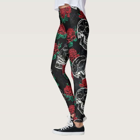 Leggings Crânes et roses rouges | Grunge gothique moderne (Gauche)
