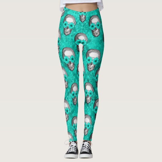 Leggings Crânes turquoise et série tournesol Design 11 (Devant)