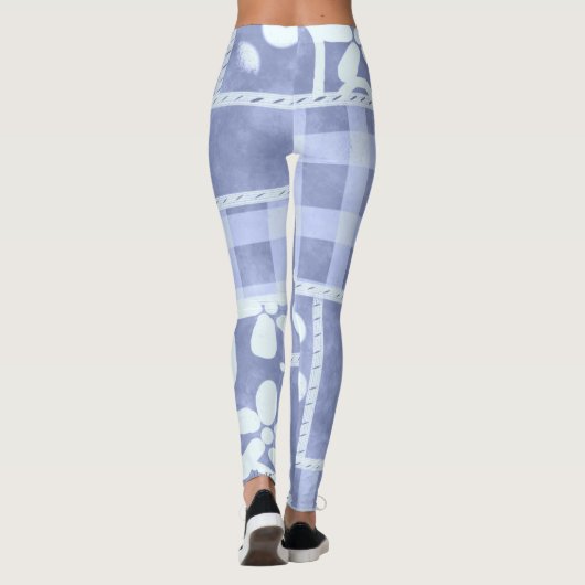 Leggings Crazy Quilt Blue Gingham Floral Pattern (Dos)