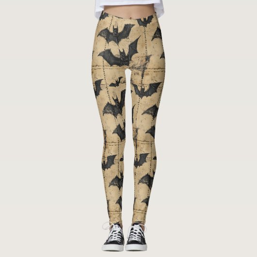 Leggings Cream Denim Grunge Patchwork avec Chauves-souris (Devant)