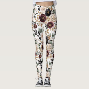 Leggings Crème Bourgogne Floral noir