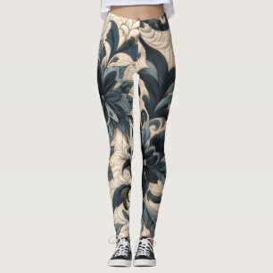 Leggings Crème courbée et conception florale bleu marine