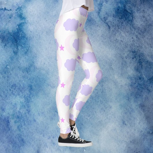 Leggings Crescent Moon Clouds Stars Pattern Pink Purple