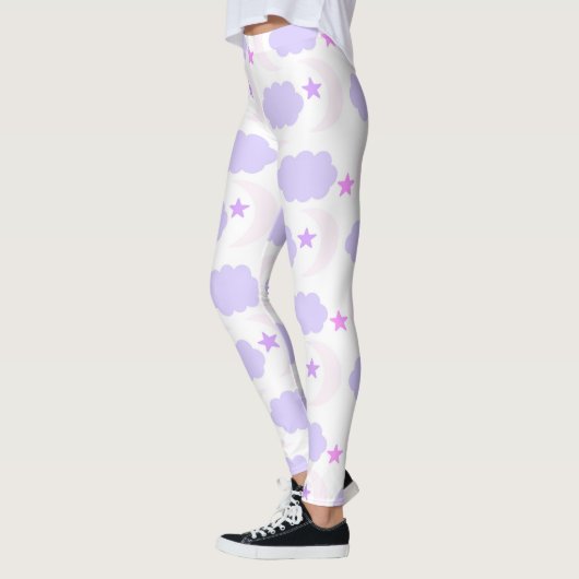 Leggings Crescent Moon Clouds Stars Pattern Pink Purple (Gauche)