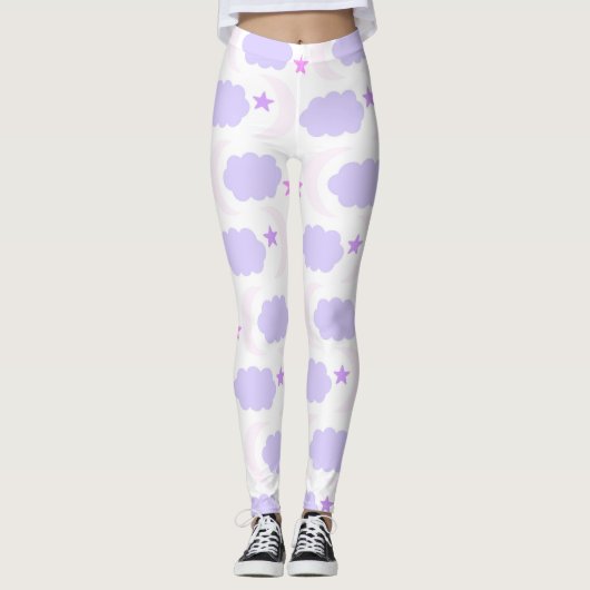 Leggings Crescent Moon Clouds Stars Pattern Pink Purple (Devant)