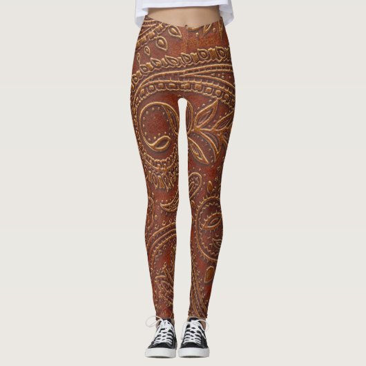 Leggings Cuir Brown, motifs floraux à outils. (Devant)