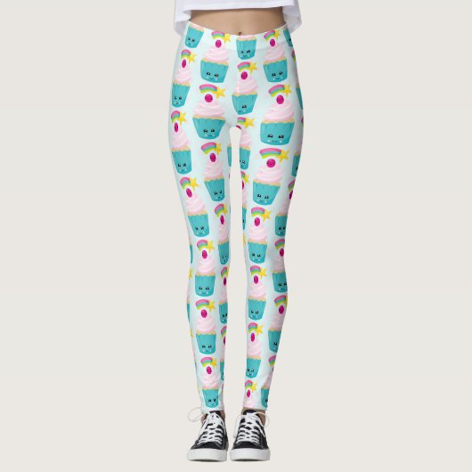 Leggings Cupcake bleu mignon avec visage Kawaii (Devant)