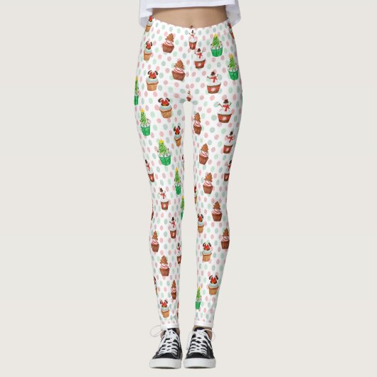 Leggings Cupcakes Festifs Yummy sur Pois rouge et vert (Devant)