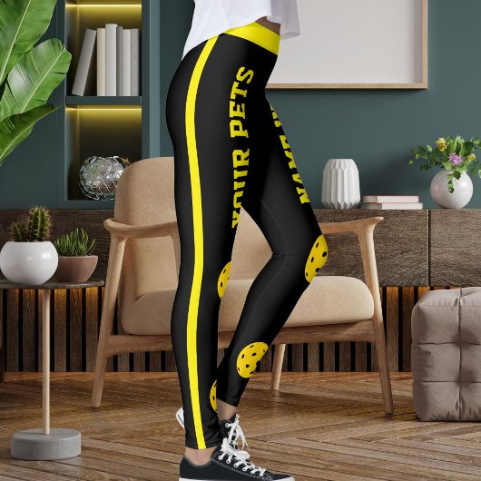 Leggings Customized Pet Mom Pickleball Black Yellow Stripes