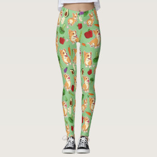 Leggings Cute Corgi et légumes Motif alimentaire Vert