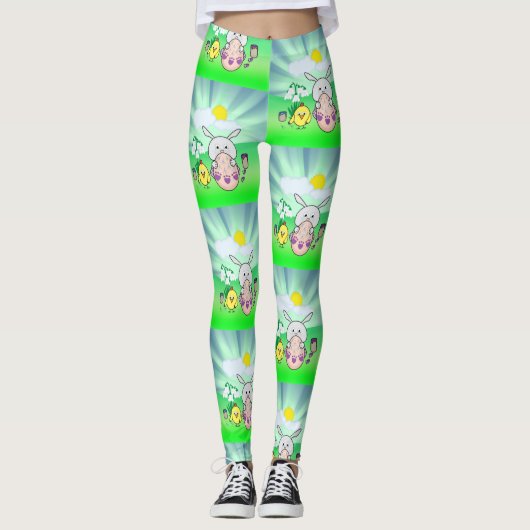 Leggings Cute Kawaii Bunny et chick Joyeux motif de Pâques (Devant)