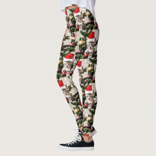 Leggings Cute Kitten jouant avec le chat de Noël Tree (Gauche)