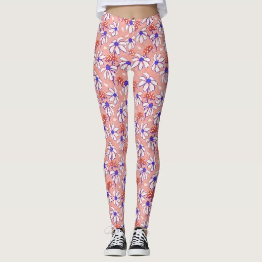Leggings Cute Ladybugs et Daisies rose et bleu (Devant)