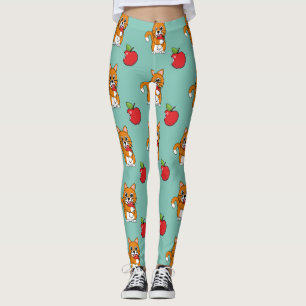 Leggings Cute Orange Blanc Chat Manger Rouge Pomme Carton