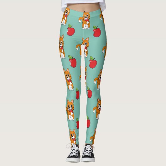Leggings Cute Orange Blanc Chat Manger Rouge Pomme Carton (Devant)
