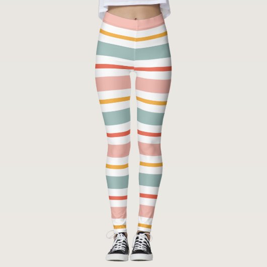 Leggings Cute Pastel Horizontal Stripes Boho Pink Teal Yell (Devant)