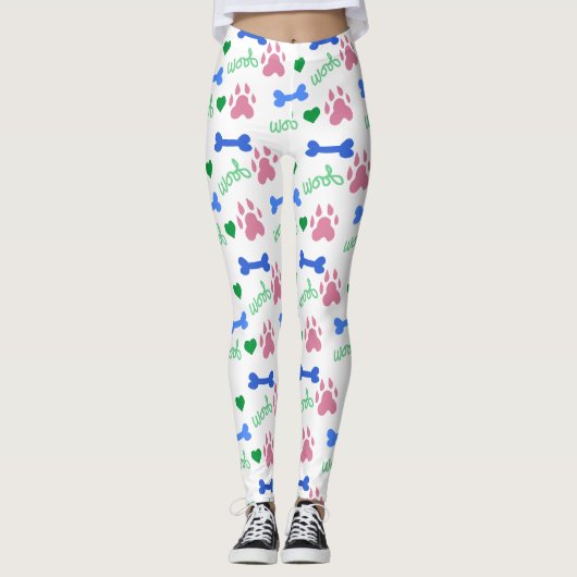 Leggings Cute Pink Paw Prints and Blue Dog Bones Pattern (Devant)