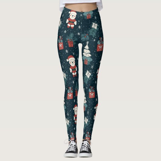 Leggings Cute Teddy Bear & Santa on Dark Green (1) (Devant)