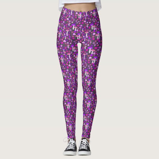 Leggings Cute Trippy Mushrooms Purple, Pink, & Black (Devant)