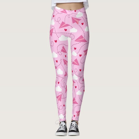 Leggings Cute Valentine Volant Avion Rouge Coeurs Rose (Devant)