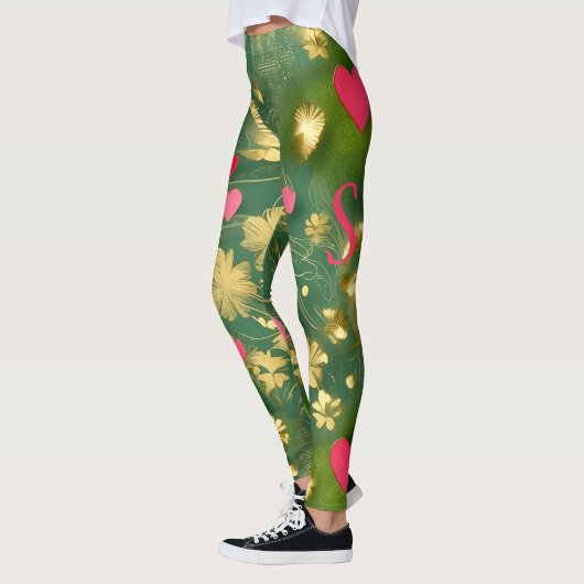 Leggings Cute Valentine's Day moss vert rose coeur floral